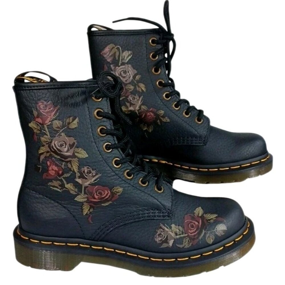 NEW Doc Dr. Martens Womens 6 1460 Decayed Roses Leather Combat Ankle Boots Black